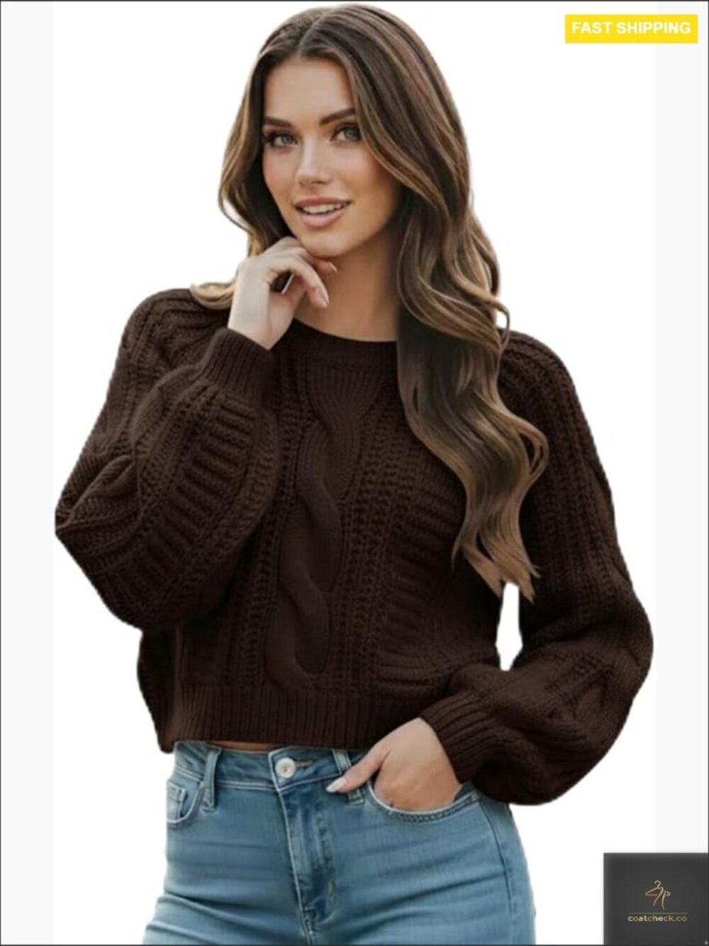 Cropped Cable Knit Sweater Warm Long Sleeve Pullover Classic Cozy Fall Winter